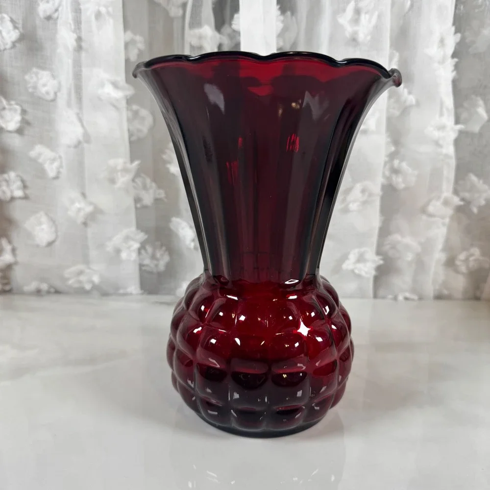 Vintage Anchor Hocking Ruby Red Pineapple Flared Bubble‎ Vase 8.75